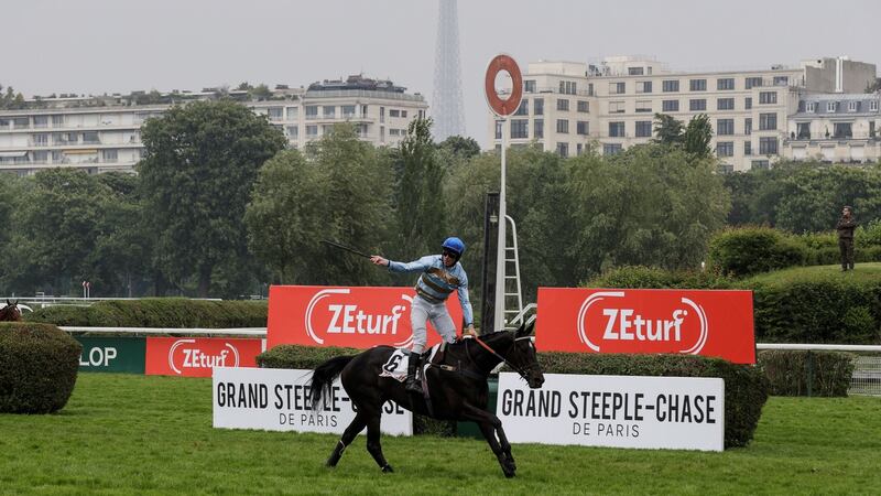 Davy Russell riding Carriacou reacts as they cross the finish line to win the 141st edition of the Grand Steeple-Chase de Paris  at the Auteuil Hippodrome in May 2019. Photograph: Geoffroy van der Hasselt/AFP via Getty Images